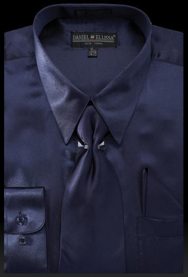 Men's Navy Blue Satin Dress Shirt with ...